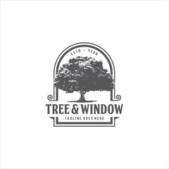 Tree and Window Vintage Logo Design Vector Image