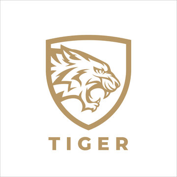 Tiger head logo. Wild cat mascot badge. Animal shield emblem. Siberian tiger icon. Vector illustration.