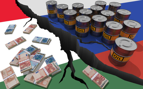 Oil barrels and money on background of the flags of Russia and Hungary. World financial sanctions on russian oil and gas because of the invasion of Ukraine. Oil embargo. 3D render