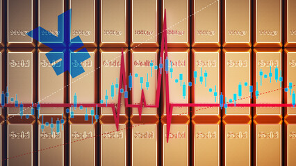 Yen sign and finance chart on gold ingot stack. Horizontal composition.