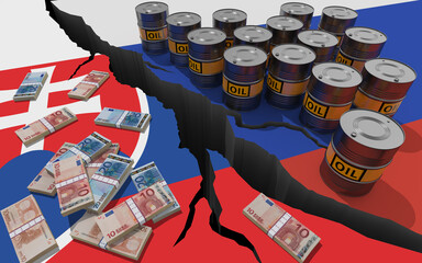 Oil barrels and money on background of the flags of Russia and Slovakia. World financial sanctions on russian oil and gas because of the invasion of Ukraine. Oil embargo. 3D render