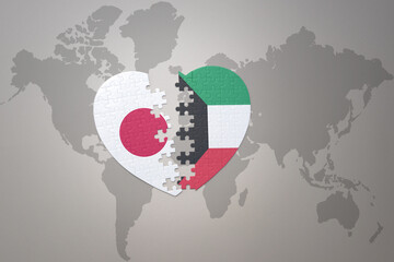 puzzle heart with the national flag of japan and kuwait on a world map background. Concept. 3D illustration