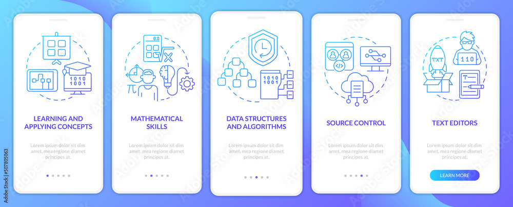 Wall mural program development skills blue gradient onboarding mobile app screen. walkthrough 5 steps graphic i