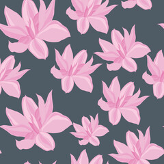pattern, on a dark gray background delicate pink large flowers, vector illustration,