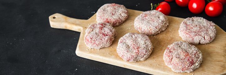 raw cutlet meat pork, beef, lamb, chicken fresh cutlets healthy meal food snack diet on the table copy space food background rustic top view