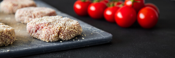 raw cutlet meat pork, beef, lamb, chicken fresh cutlets healthy meal food snack diet on the table copy space food background rustic top view