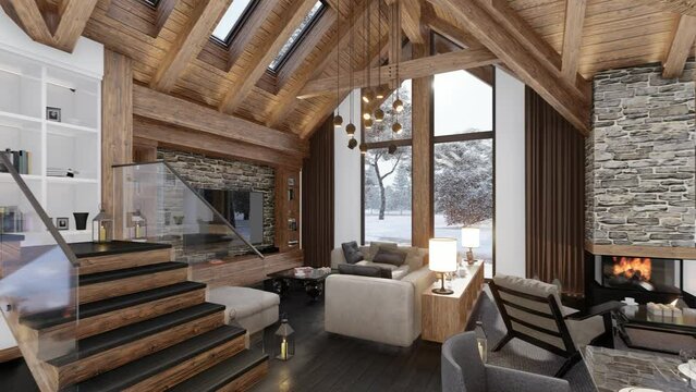4K video rendering of cozy living room on sunny winter day in the mountains, luxury interior of chalet decorated with candles, fireplace fills the room with warmth. It's snowing outside the window