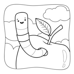 Worm black and white. Coloring book or Coloring page for kids. Nature background