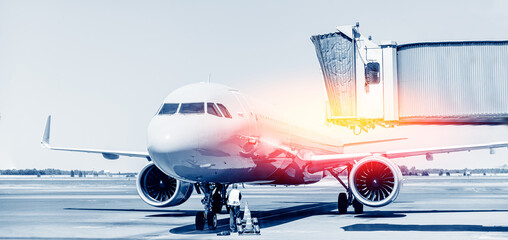 Airport banner, preparation of airplane before departure, blue color with sunlight
