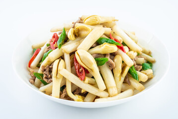 Chinese home-cooked dish of fried pork with peanut sprouts