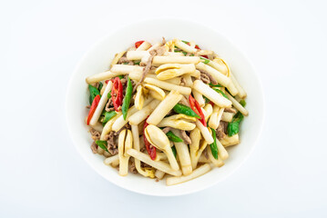 Chinese home-cooked dish of fried pork with peanut sprouts