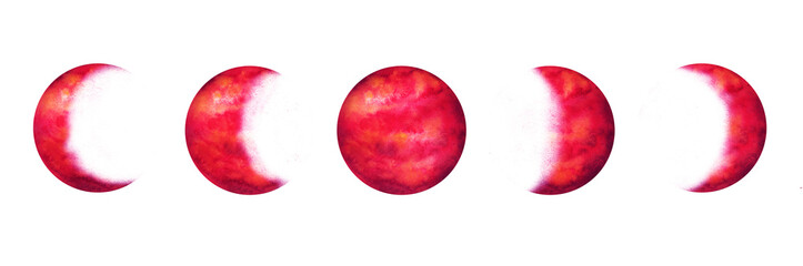Hand drawn boho bloody red watercolor set of moon of a solar system. Red colored abstract textured lunar satellite phases of the moon eclipse.