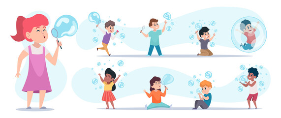 Foam bubbles for kids. Children blowing foam bubbles funny happy people playing in action poses exact vector cartoon characters