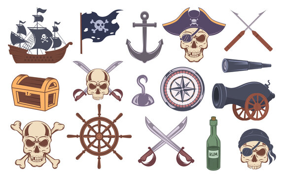 Pirate emblems. Black symbols of pirates drawing elements bones skull sailor vintage ship tattoo exact vector set