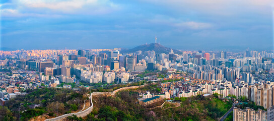 Panorama of Seoul skyline on sunset, South Korea.