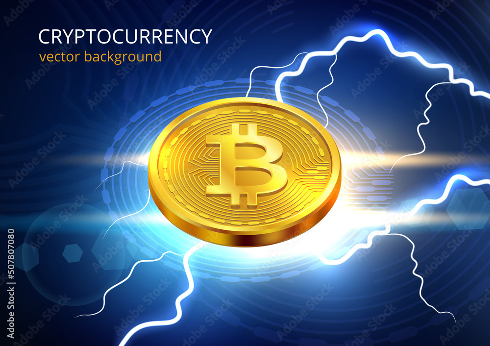 Poster bitcoin background. future blockchain technology web sparking glowing coins decent vector abstract c