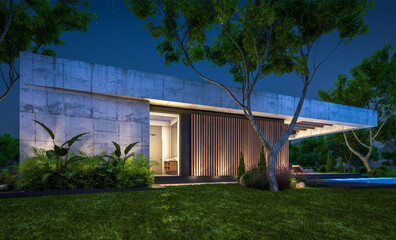 Obraz premium 3d rendering of new concrete house in modern style with pool and parking for sale or rent and beautiful landscaping on background. Only one floor. Clear summer night with many stars on the sky.