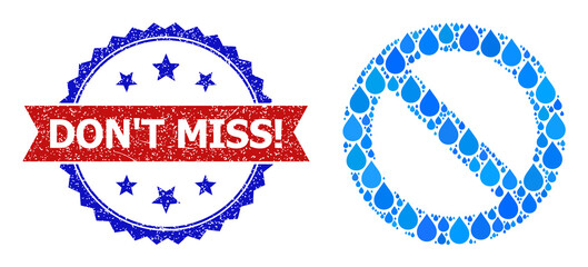 Vector mosaic forbidden, and bicolor scratched Don'T Miss! seal stamp. Forbidden mosaic for pure water ads. Forbidden is created with blue clear water tears.