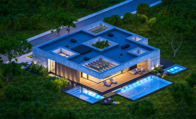 3d rendering of new concrete house in modern style with pool and parking for sale or rent and beautiful landscaping on background. Only one floor. Clear summer night with many stars on the sky.