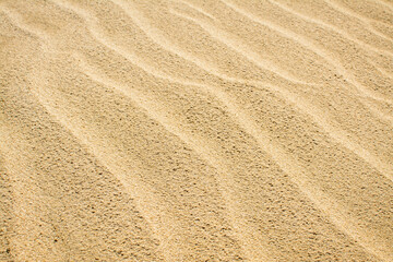 Close up top view of sand dune surface with ripple patterns formed by wind.