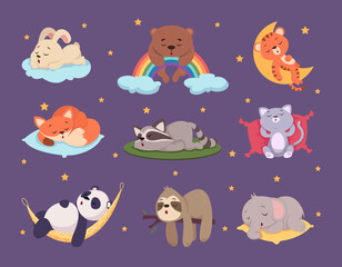Relaxing animals. Cute sleeping characters funny poses exact vector set isolated