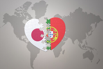puzzle heart with the national flag of japan and portugal on a world map background. Concept. 3D illustration