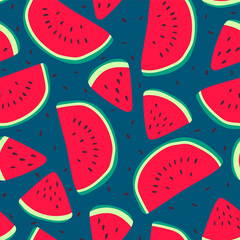 Vector watermelons hand drawn seamless pattern. Cute summer fresh fruits print. Watermelon red slices and seeds repeat texture on dark blue background for wallpaper, fabric design, decor, textile.