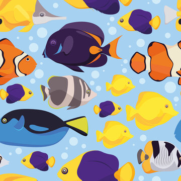 Fishes pattern. Colored wild exotic tropical fishes and underwater life garish vector seamless background