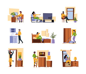 Family leisure time. Different home daily activities relax and watch tv playing kids reading book garish vector flat illustrations