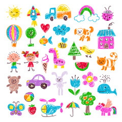 Kids drawing. Pencil hand drawn doodles funny sketches animals house clouds recent vector templates colored set