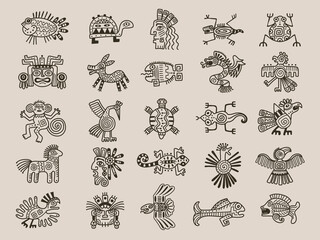 Aztec animals. Mexican tribals symbols maya graphic objects native ethnicity drawings recent vector aztec civilization set