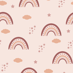 Set of seamless patterns with rainbow, clouds and stars in beige