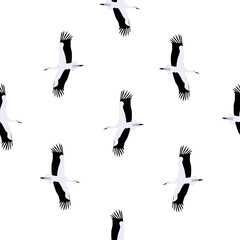 Seamless pattern flock of white storks flying on white background, vector eps 10