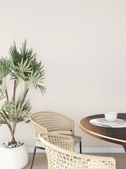 Wall mockup of a dining room with handmade chairs, table decoration and ornamental plant. 3d rendering, interior design, 3d illustration