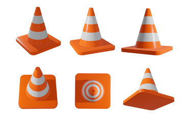 set of six traffic cone isolated white background. 3d render, 3d illustration