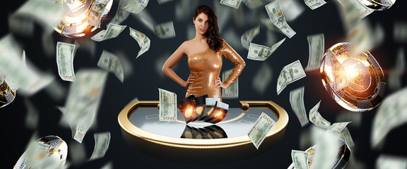 Casino, A beautiful young girl in a golden dress stands at the blackjack game table. black and gold...