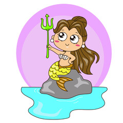 Cute little mermaid on a white background for kids fashion artworks, children books, birthday invitations, greeting cards, posters. Fantasy cartoon vector illustration.