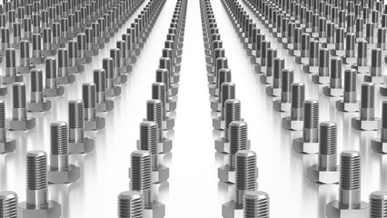 Many bolts in rows and columns, going far to the horizon. Industrial background 3d illustration.