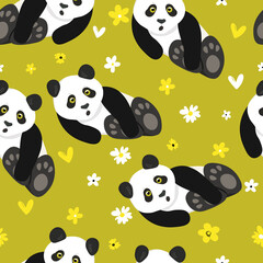 Seamless pattern with cute panda baby on color background. Funny asian animals. Card, postcards for kids. Flat vector illustration for fabric, textile, wallpaper, poster, gift wrapping paper