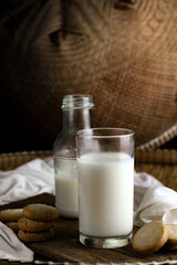 glass of milk and cookies with wooden background