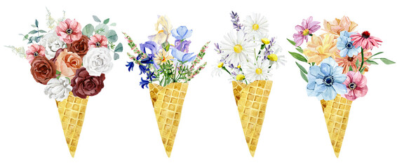 Watercolor ice cream in waffle cone with roses flowers, wildflowers, field floral, ditsy flower. Summer illustration for print and greeting card.