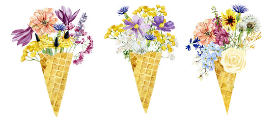 Watercolor ice cream in waffle cone with roses flowers, wildflowers, field floral, ditsy flower. Summer illustration for print and greeting card.