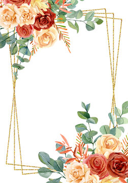 Watercolor floral frame wedding invitation, red and peach flowers roses and peonies, eucalyptus leaves. Autumn floral design for bridal shower, baby shower