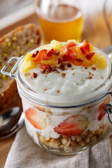 Closeup of fruit yoghurt on the table