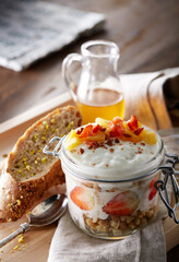 Closeup of fruit yoghurt on the table