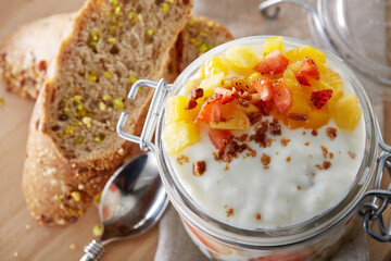 Closeup of fruit yoghurt on the table