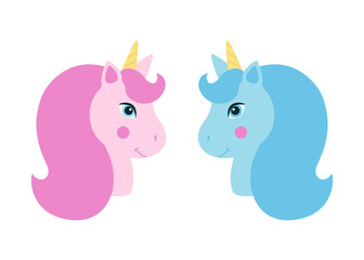 Pink and blue unicorn head with mane and yellow horn. Cute fantasy unicorn, fairytale for baby. Vector illustration on white background
