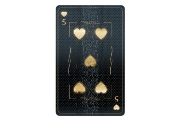 Casino concept, Hearts five playing card, black and gold design isolated on white background. Gambling, luxury style, poker, blackjack, baccarat. 3D render, 3D illustration.