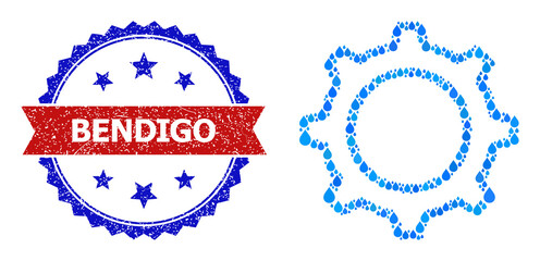 Vector mosaic contour gear, and bicolor rubber Bendigo seal stamp. Contour gear collage for clean water ads. Contour gear is formed with blue pure water dews.