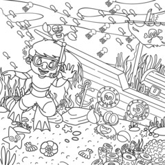 Coloring book children illustration of a kid diver with marine life